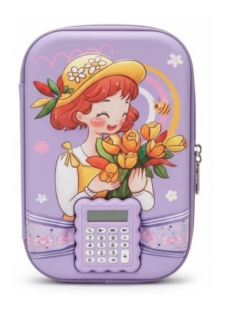 لوكاداه مقلمة أطفال مع آلة حاسبة - علبة أقلام بنفسجية لطيفة برسومات كرتونية للعودة إلى المدرسة، حقيبة أقلام بسحاب ذات سعة كبيرة، منظم أدوات مكتبية خفيف الوزن ومتين لطلاب رياض الأطفال - Image 1